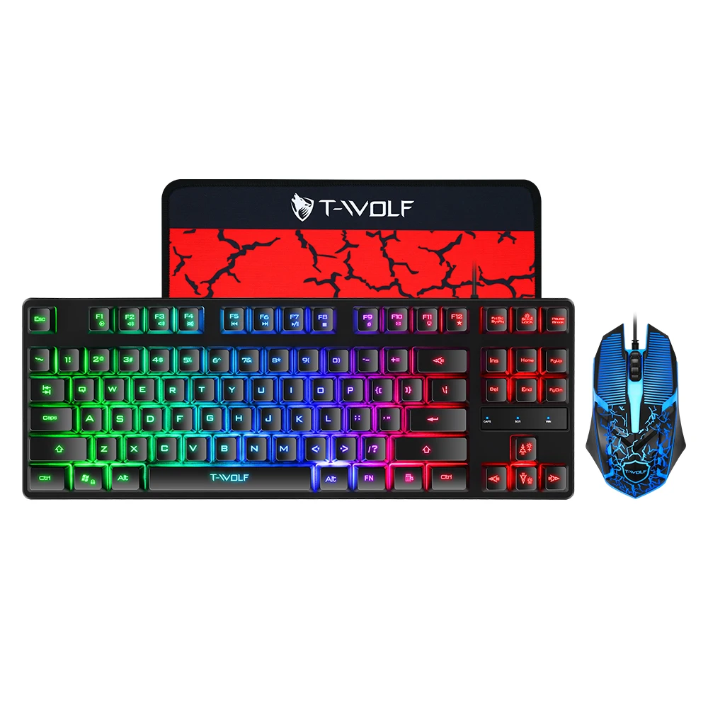 

T-Wolf TF260 87 keys RGB 3 in 1 Combo mouse pad LED backlit wired keyboard and mouse gaming Set