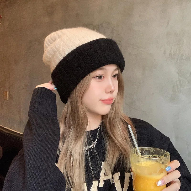 

New Autumn and Winter Loose Big Head Circumference Woolen Cap Women's Versatile Contrast Color Wool Mixed Woven Knitted Hat