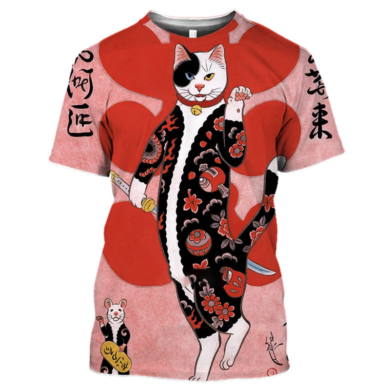 

Футболка CLOOCL в стиле ретро для мужчин, модная спортивная рубашка с коротким рукавом и круглым вырезом, с 3D-принтом самурайского кота и татуи...