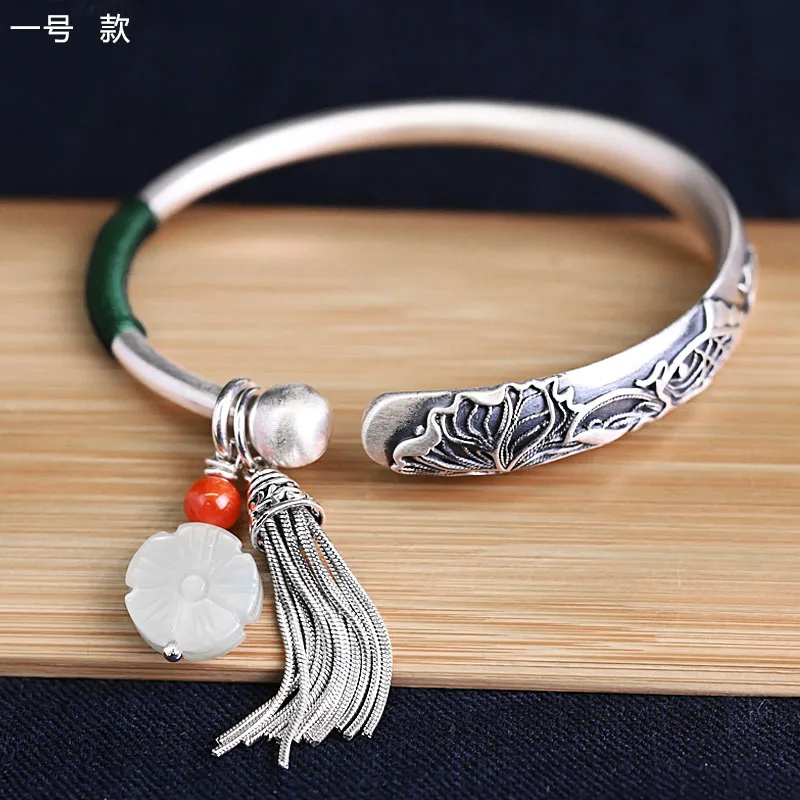 999 Sterling Silver Ethnic Style Fashion Relievo Retro with Opening Solid Antique Style Silver Bracelet Silver Jewelry