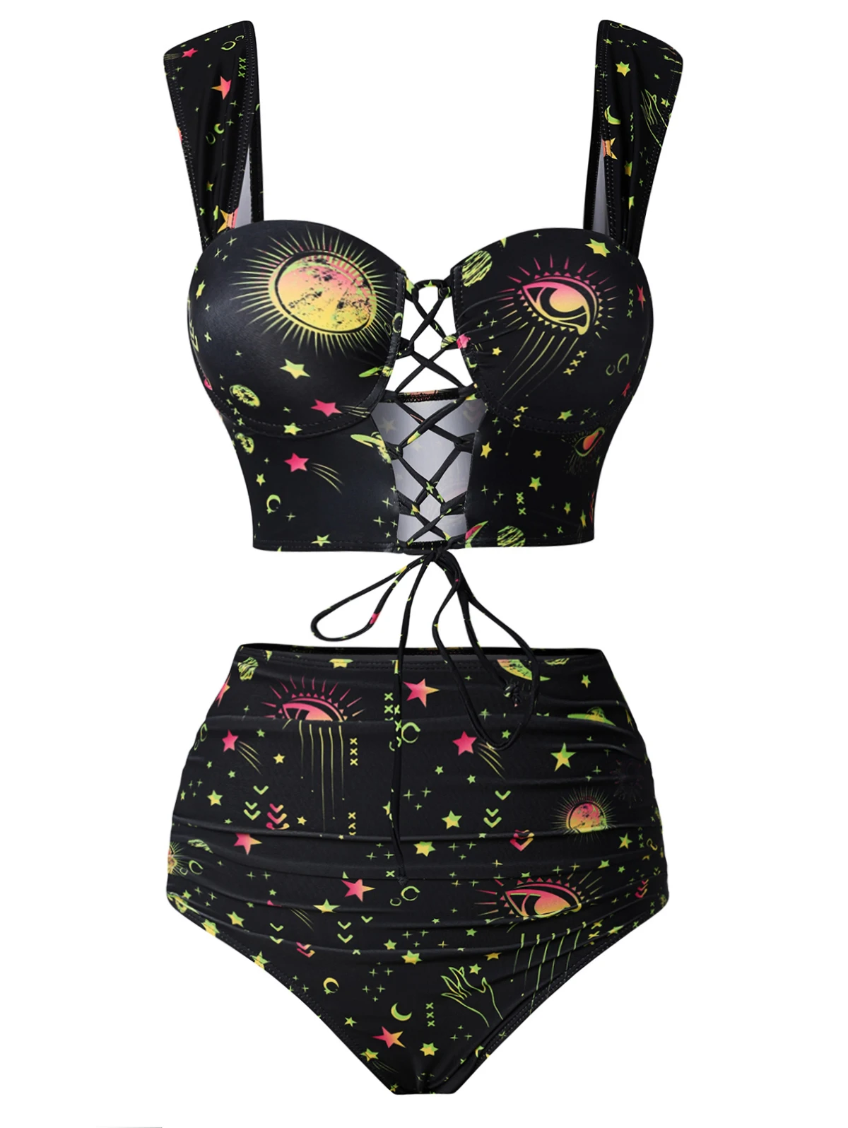 

Sun Moon Print Lace Up Swimsuit Padded Gothic Two Piece Retro Style Tankini High Waist Bottom Corset Style Bathing Suit Bustier