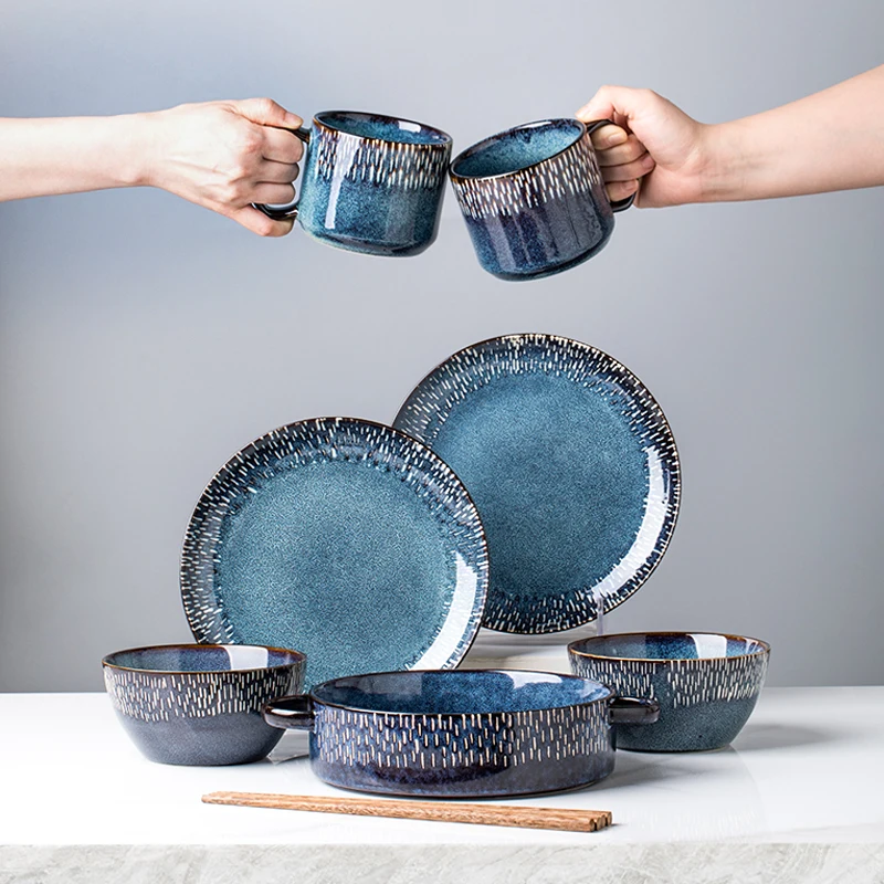 

9Piece Dinner Set Vintage Ceramic Stoneware Tableware Set with Dinner,Dessert Plate,Bowl Mug microwave safe W4761