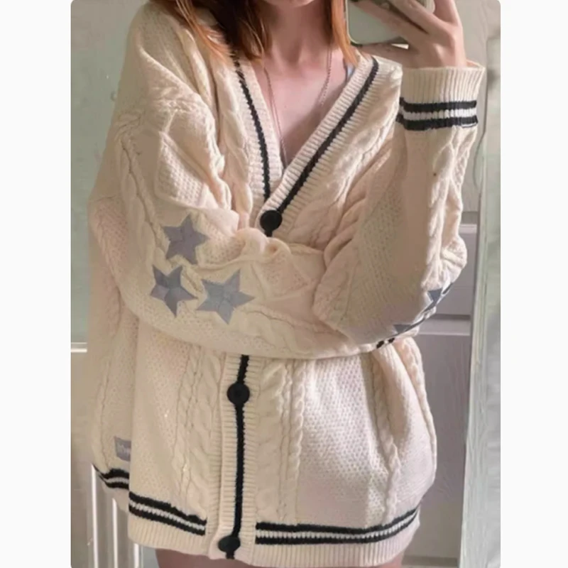 Осенний корейский вязаный кардиган женский абрикосовый ретро-свитер со звездами