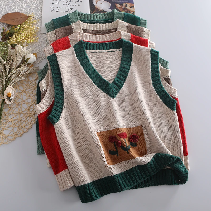 

Spring and Autumn Forest Series Small Fresh Color Contrast Lace 3D Flower Knitted Women's Loose Japanese Cotton Sweater Vest