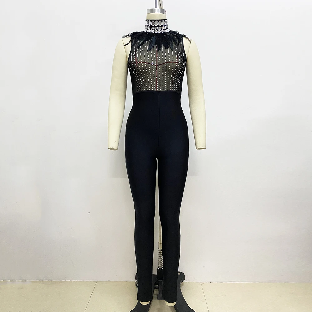Женские бандажные комбинезоны с бисером сексуальные сетчатые перья лоскутная