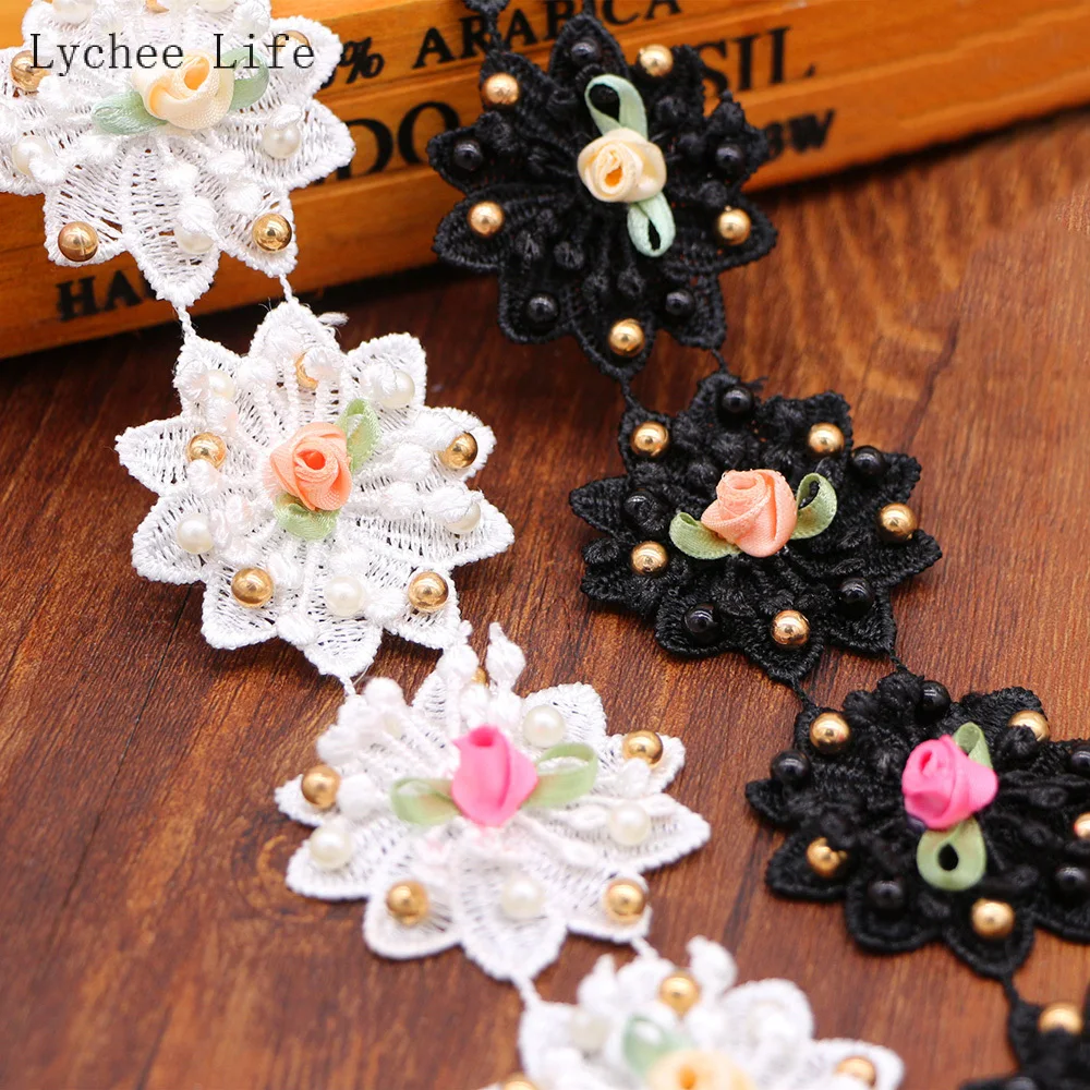 

Lychee Life 1 ярд черный белый жемчуг цветок вышитые кружева край отделка Лента Бисер Аппликация платье