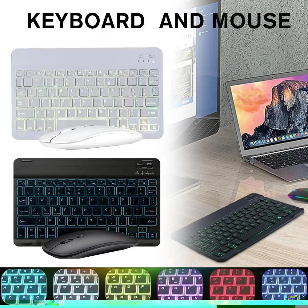 

Bluetooth-compatible Wireless Keyboard and Mouse Rechargeable For Android Ios Windows Tablet Mini Keyboard Kit 7 Lighting Color