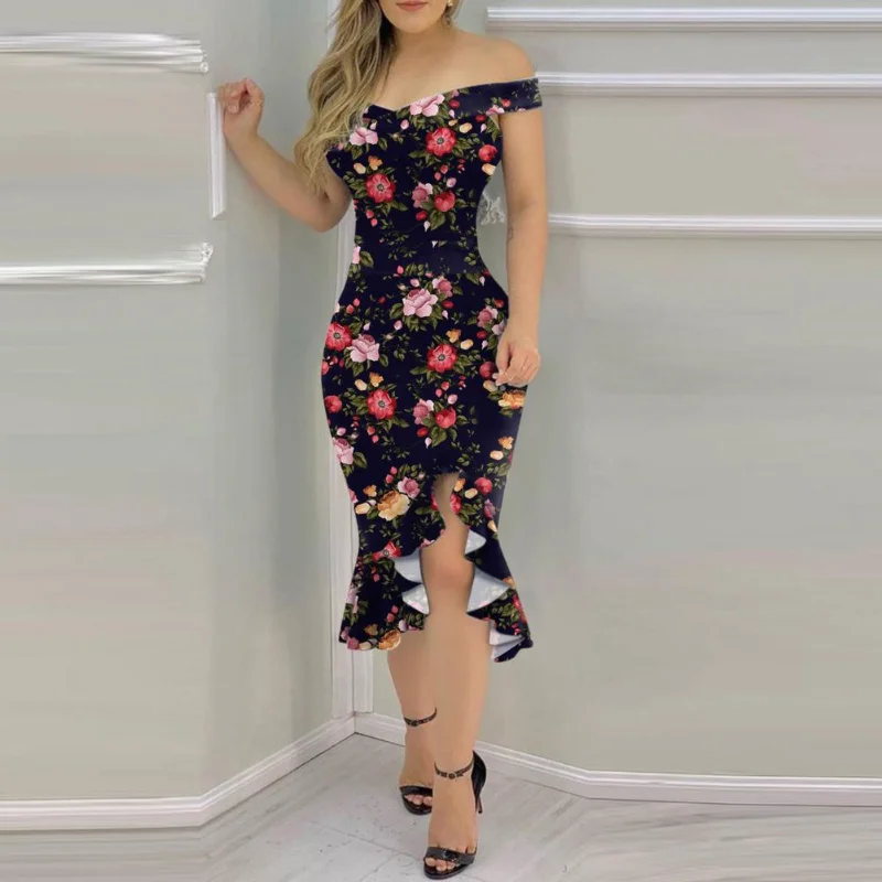 

Summer Women Sexy Off Shoulder Formal Dress Irregular Sleeveless Non-positioning Ruffle Printed Female Bodycon Dress for Wedding