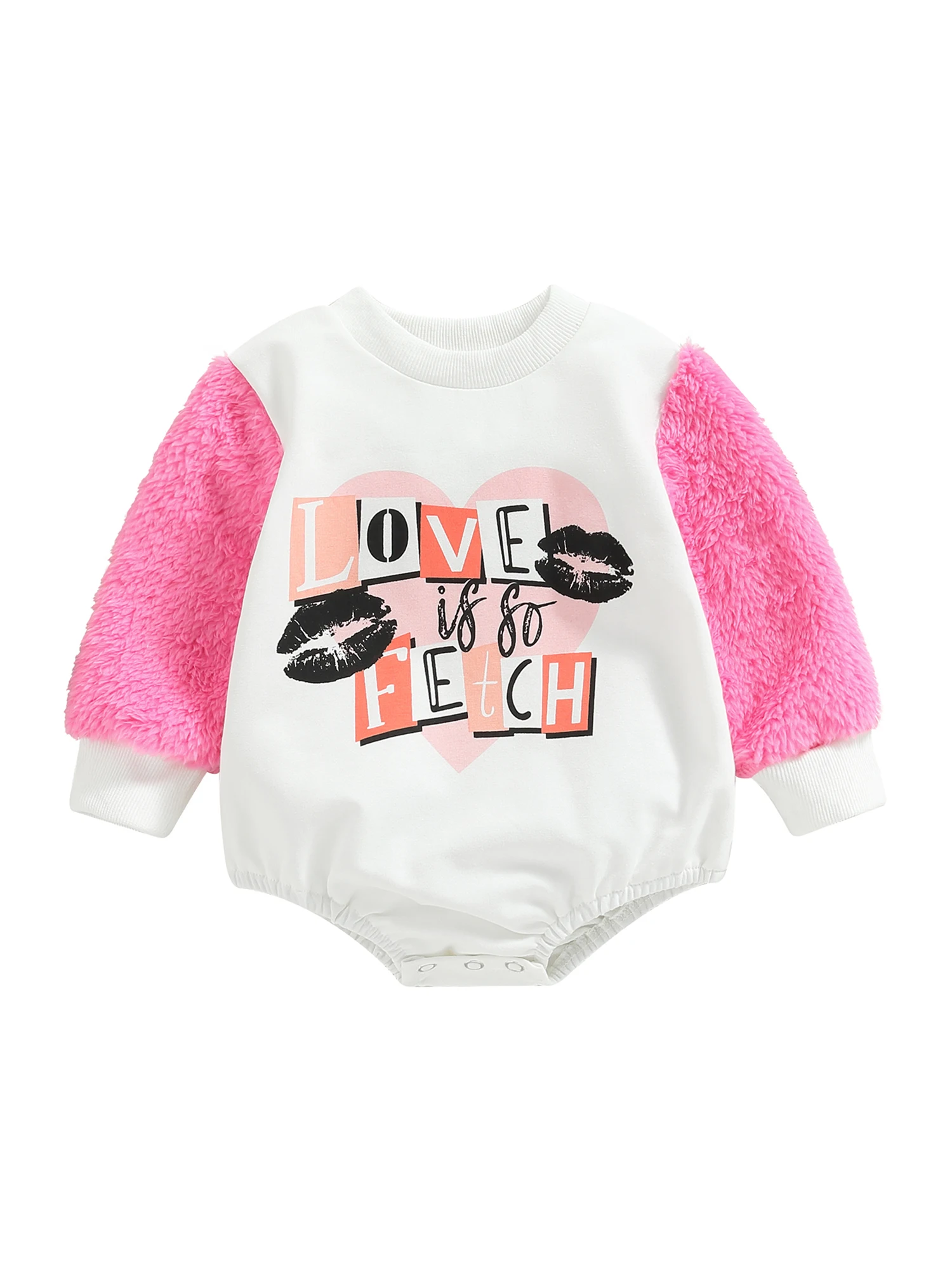 

Baby Girl Valentines Day Outfit Letter Lip Print Crewneck Sweatshirt Romper Patchwork Plush Long Sleeve