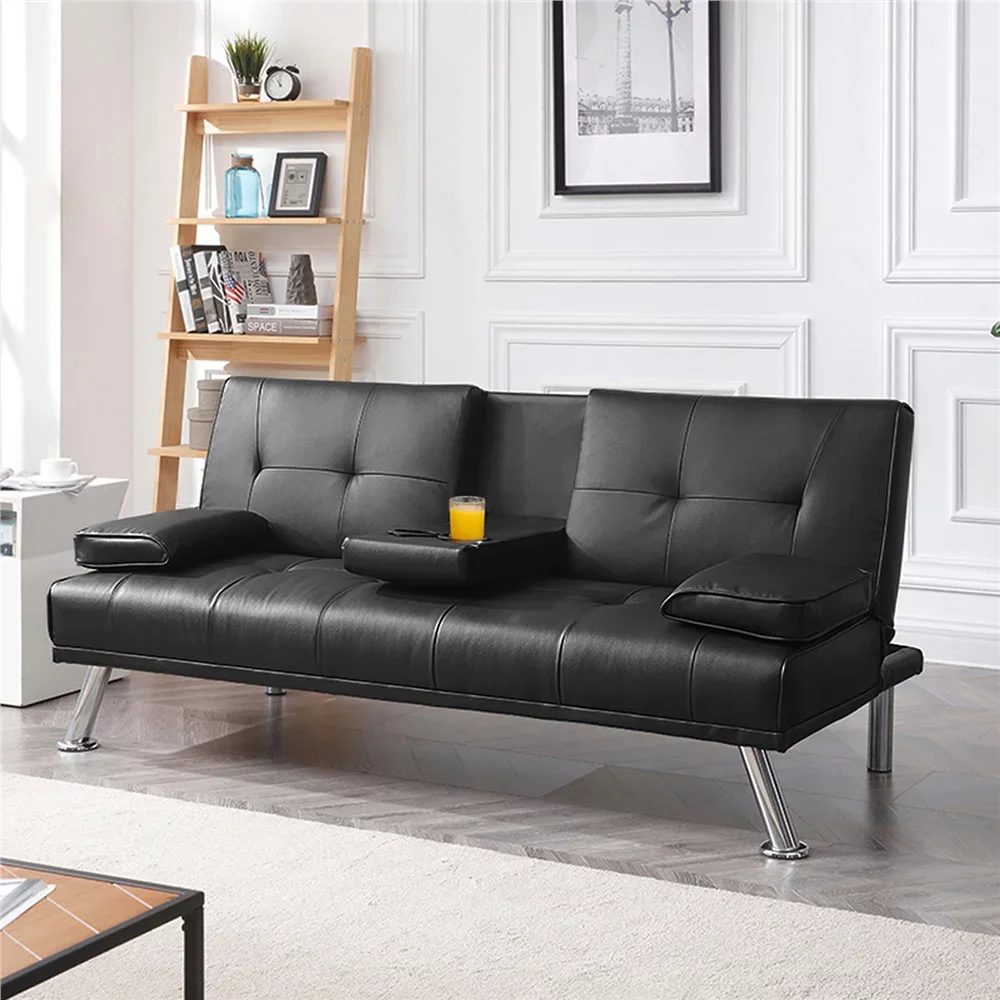

LuxuryGoods Modern Faux Leather Futon with Cupholders and Pillows,Durable and Strong， 65.75 X 32.09 X 29.53 Inches