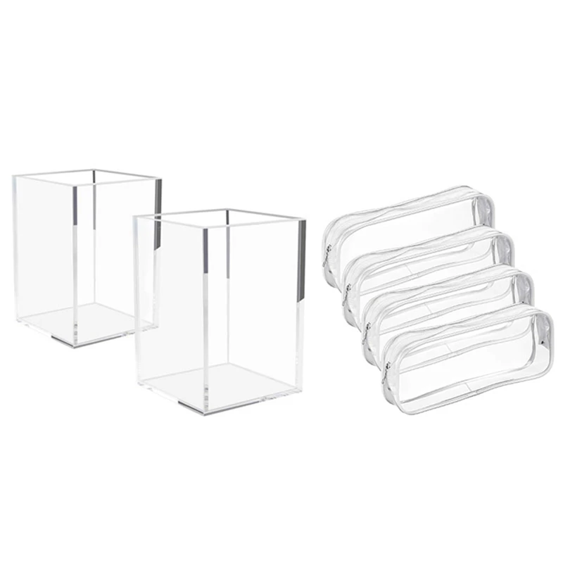 

2 Pcs Acrylic Pen Holder Clear Desktop Pencil Organizer & 4 Pcs Zipper Pen Pencil Case,Pencil Bag Makeup Pouch