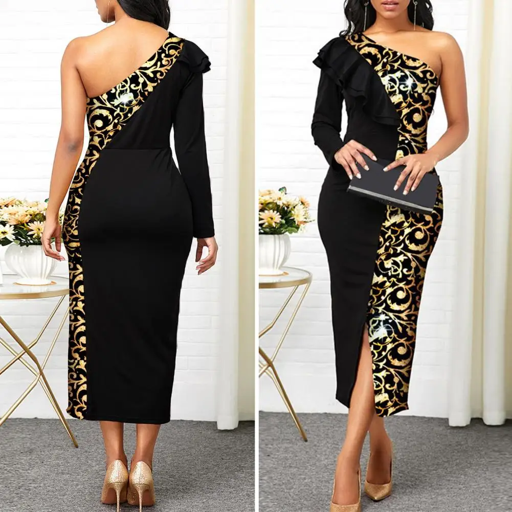 

Elegant Women Dress Elegant Night Party Dress Women's One Shoulder Gown with Slim Fit Mid-calf Length Colorful Patchwork Split