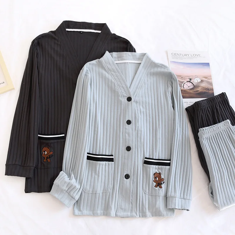 Women Nightwear V-neck Jacquard Knitted Cotton Couple Pajamas Set Four Seasons Thin Casual Elastic  Long-sleeved Men Home Wear