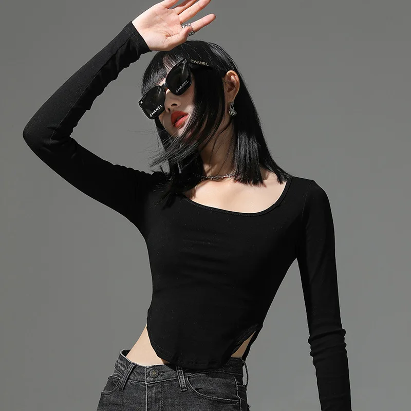 

Round Neck T-shirt Women's Circular Hem Design with Exposed Collarbone Slim Fitting Top Bottoming Shirt