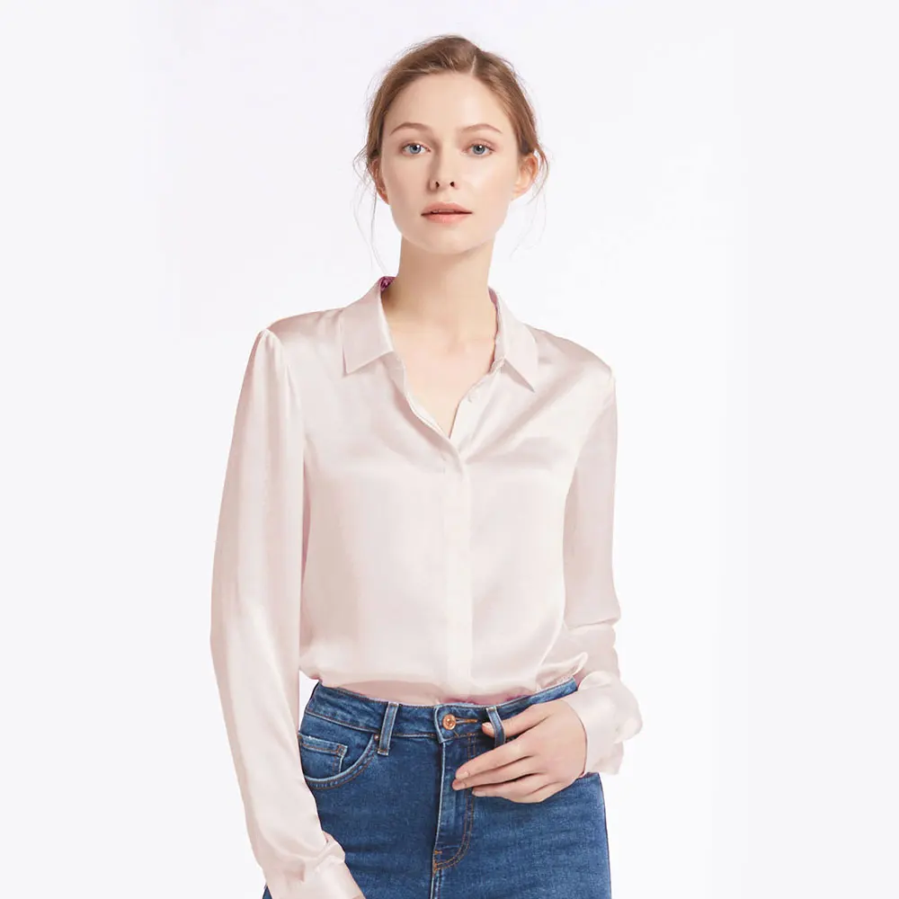 

100% Real Silk Shirts For Women 22 Momme Basic Placket Chinese Charmeuse Blouse Ladies Natural Glossy Elegant Long Sleeves Tops