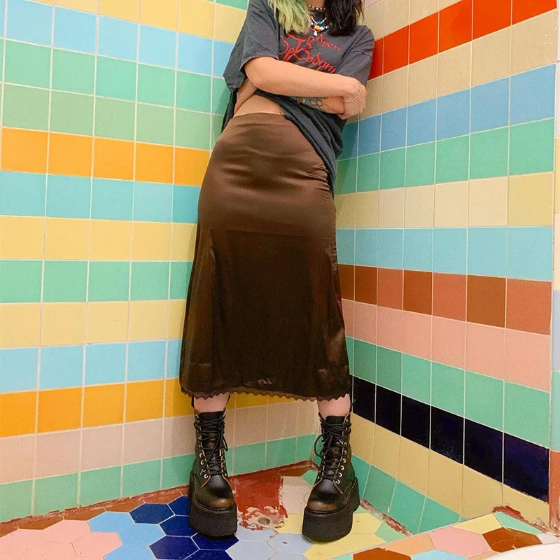 

Y2K Aesthetic Brown Satin Midi Skirts Women Vintage Lace Trim A-line Skirt Cute Outfits E-girl Streetwear Harajuku Clothes