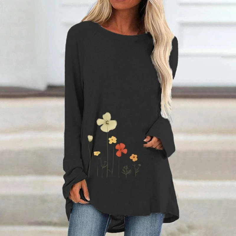 

New Fashion Irregular Hem T-shirt For Women Floral Print Ladies Tops Long Sleeve Round Neck Loose Casual T-shirt For Ladies