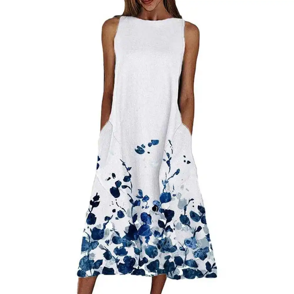

Womens Summer Fashion Elegant Slim Fit Dress Printed Round Neck Sleeveless Pocket Women
