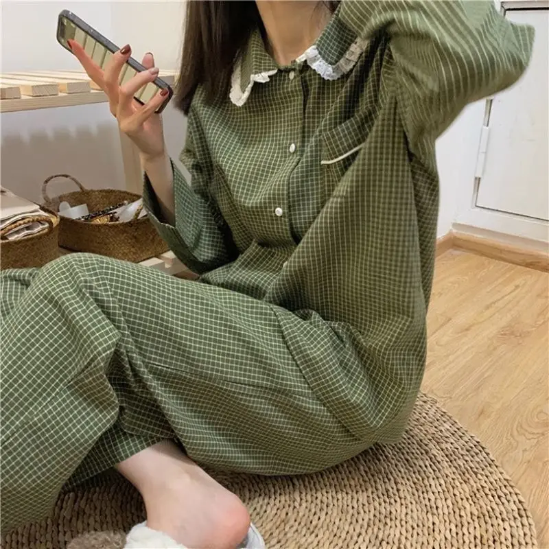 Plaid Casual Pajama Sets Women Single Breasted Ins Japan Turn-down Collar Nightwear Spring Autumn Elastic Waist Homewear New