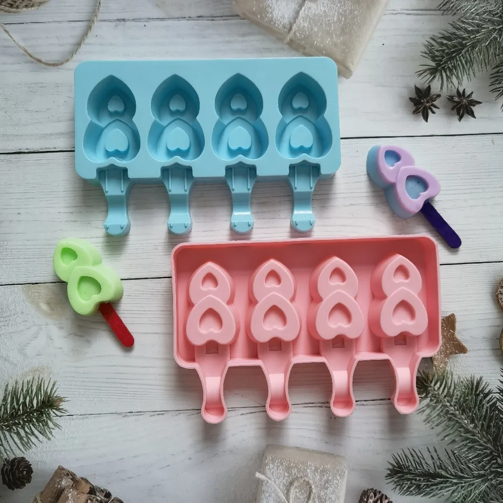 

Silicone mold tray-shape for mini heart-shaped ice cream popsicles 4 cavities mold reusable for homemade cakesicles food grade