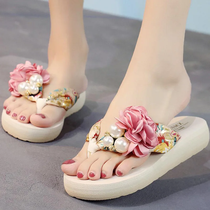 

Summer Women Girls Bohemia Flip-flops Beach Sandals Female Fashion EVA Soft Bottom Floral Pearls Slippers Zapatillas Mujer New