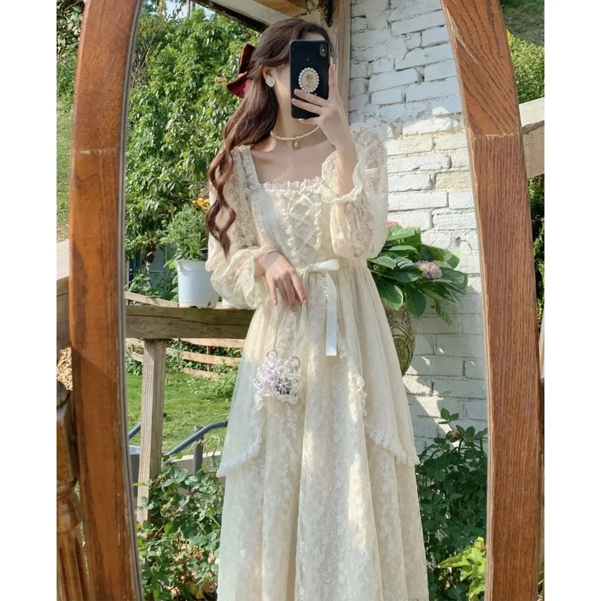 

2023 осеннее винтажное платье с квадратным вырезом, женские элегантные французские нежные миди-платья феи, кружевное милое Повседневное платье в Корейском стиле Sen