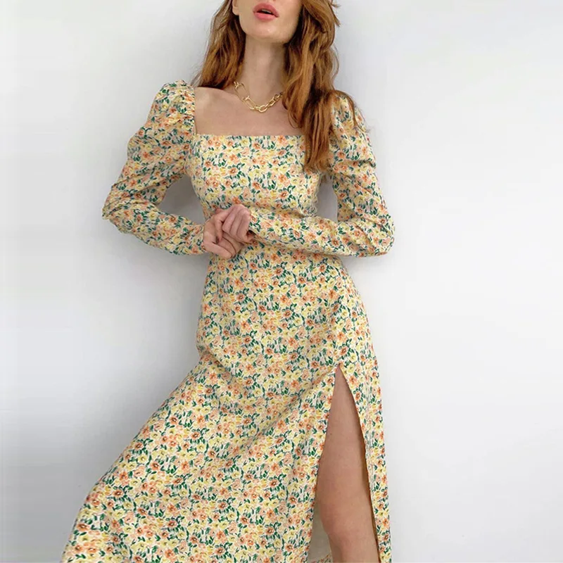 

Женское платье-миди с цветочным принтом, приталенное платье с квадратным вырезом, оборками и разрезом сбоку, пикантное платье, весна-осень ...