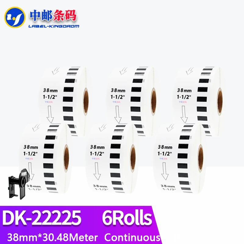 

6 Refill Rolls Generic DK-22225 Label 38mm*30.48M Continuous Compatible for Brother Label Printer White Color DK-2225 DK22225