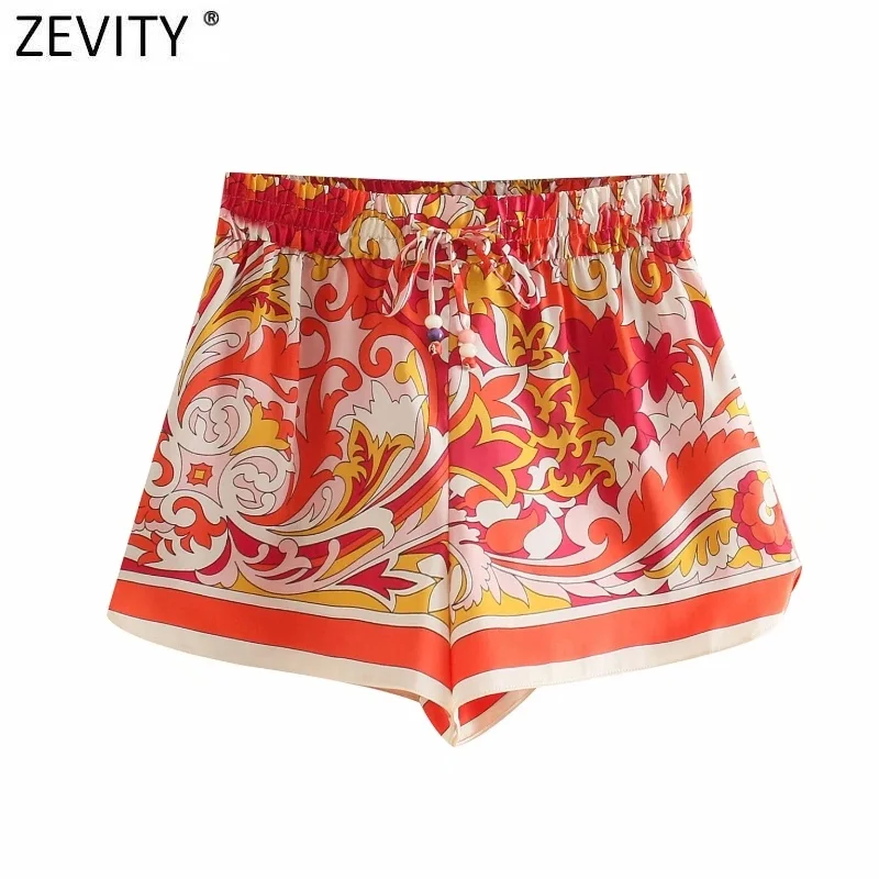 

Zevity Women Vintage Totem Floral Print Hot Bermuda Shorts Female Chic Lace Up Elastic Waist Summer Retro Pantalone Cortos P1161