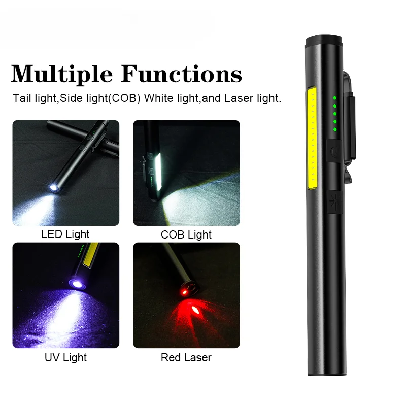 

Mini LED 4 Light Sources Pen Clip Flashlight with Indicator UV Flashlight Usb Rechargeable 4 In 1(UV/LED/COB) Multifunctional