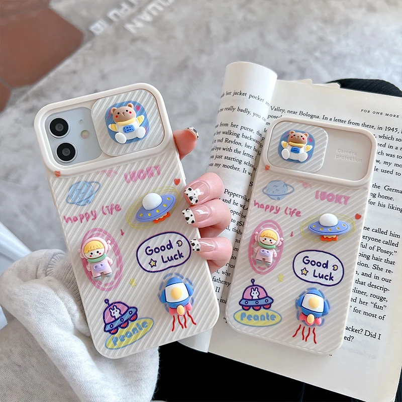 

3D Good Luck Astronaut UFO Cartoon Phone Case For iPhone 13 12 11 Pro Max X XR XS Max 7 8 Plus SE Shockproof Soft Leather Cover