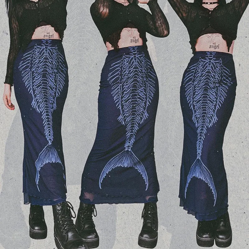 

Mermaid Printed Graphic Skirts for Woman Japanese Y2k Streetwear Goth Long Maxi Skirt Harajuku Fashion