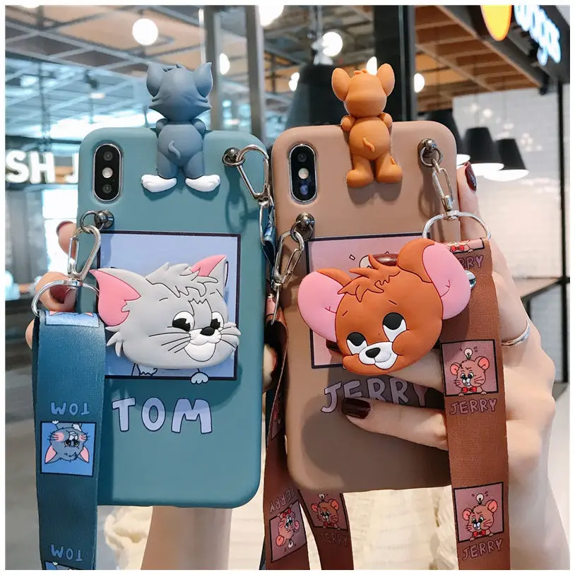

Classic Anime 3D Tom and Jerry Phone Case For Iphone 11 12 13 Pro Max Mini X Xs Xr 6 7 8 Plus SE 2020 With Lanyard holder Cover