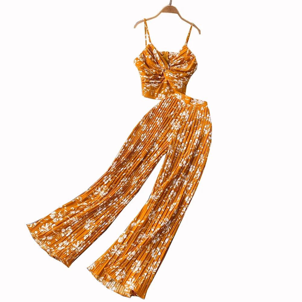 

Women Summer Casual Pant Suit 2 Piece Set Female Floral Print Sleeveless Top & Wide Leg Pants outfit