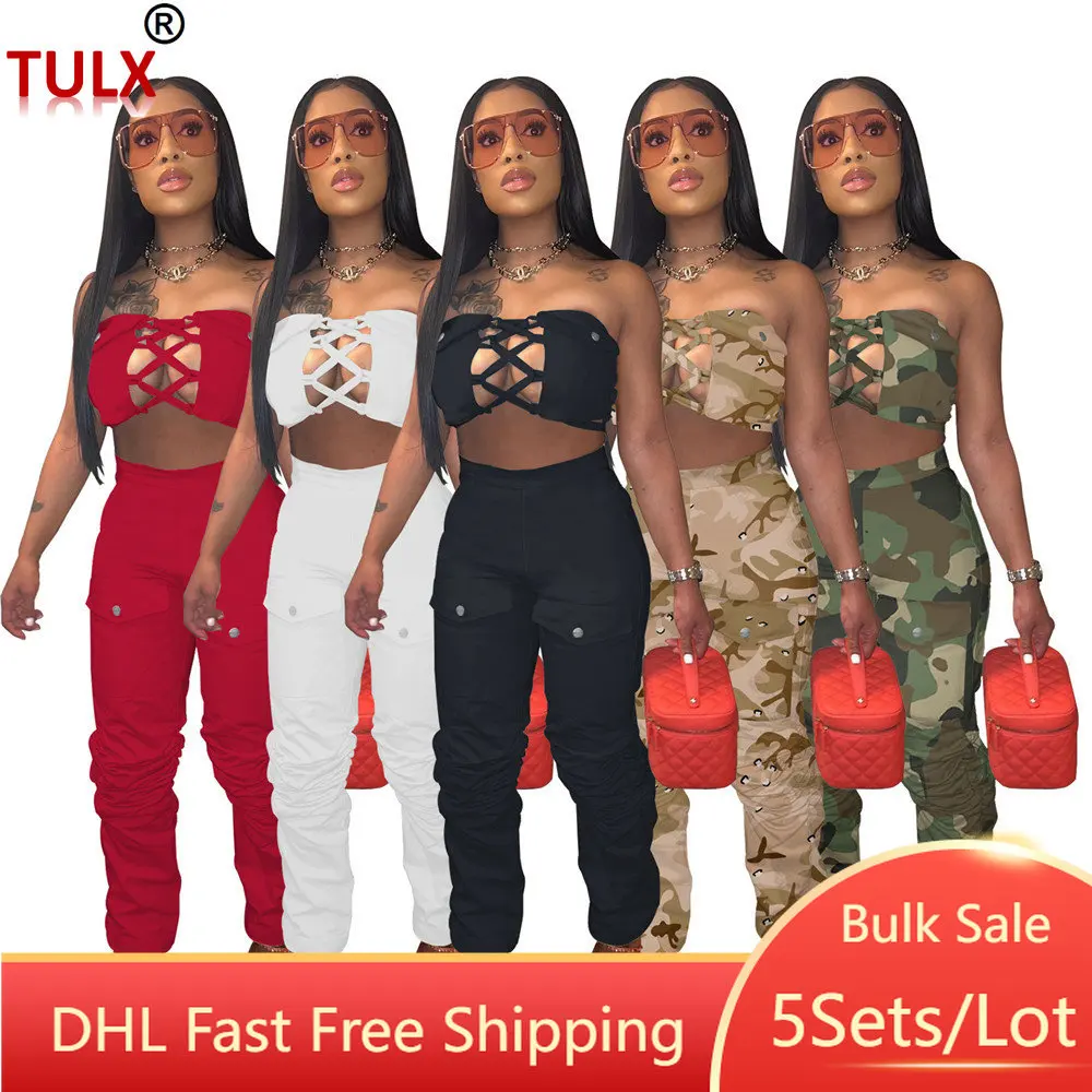 

5sets Wholesale Womens Two Piece Sets Bandage V Cut Strapless Tube Top + Loose Pocket Cargo Pants 2023 Casual Tracksuits 9364