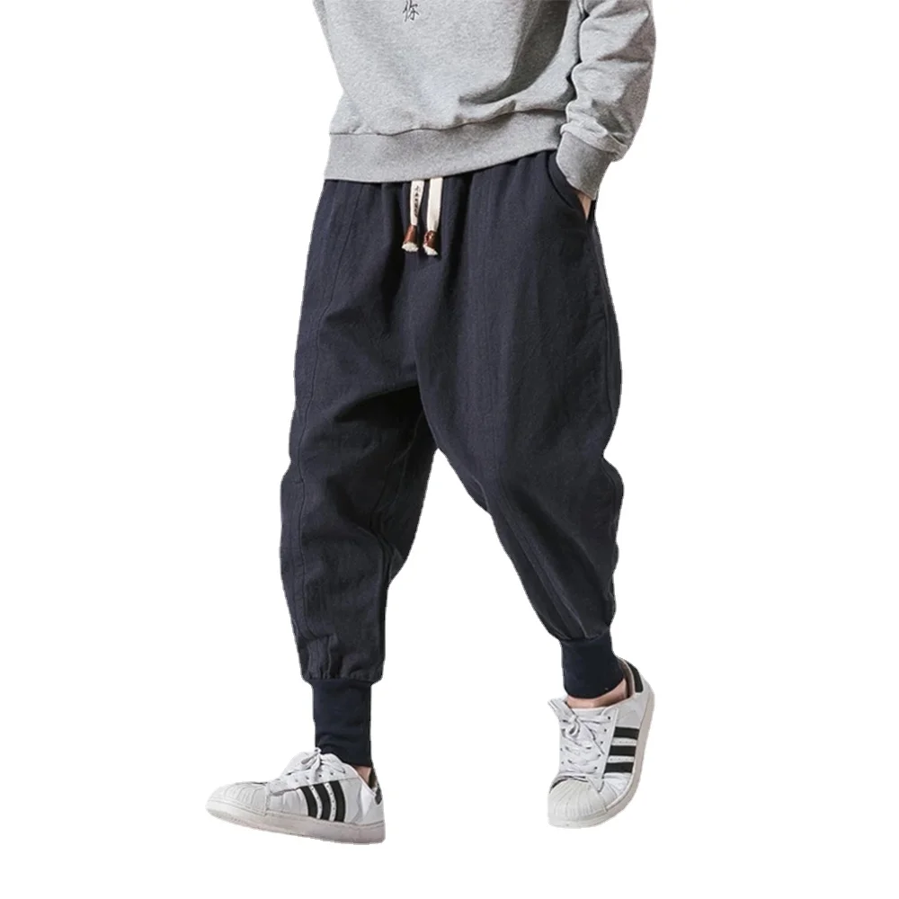 

2022 Pants Elastic Baggy Harem New Waist Trousers Cotton Linen Solid Men Joggers Pants Drop-crotch Casual Streetwear Men