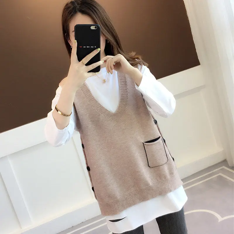 

Buttons Knitted Vest Women Sleeveless Pocket Casual V-neck Vests Apricot Yellow Black Spring Autumn Waistcoat X91