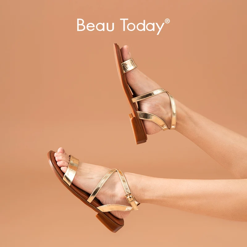 

BeauToday Gladiator Sandals Women Genuine Cow Leather Cross-Tied Buckle Strap Rome Summer Lady Casual Flat Shoes Handmade 32210