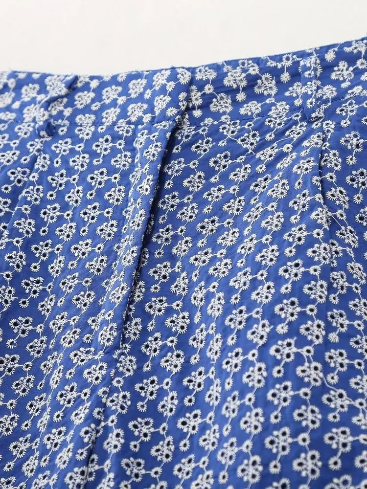 Withered Summer Casual Cotton Shorts Women Fashion Ladies Country Style Retro Embroidery Blue Bermuda