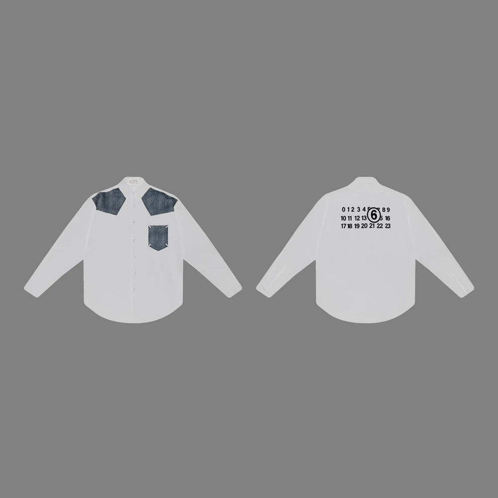 

Casual Mm6 Margiela Long Sleeve Patchwork Shirts Digit Print Shirt Streetwear Men Women High Quality Blouse