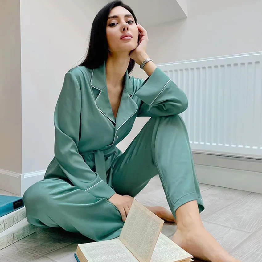 Designer Pajamas Female Women Two Pieces Pajamas Set Spring Autumn Winter Satin Soft Pyjamas Pijamas Sleepwear Set