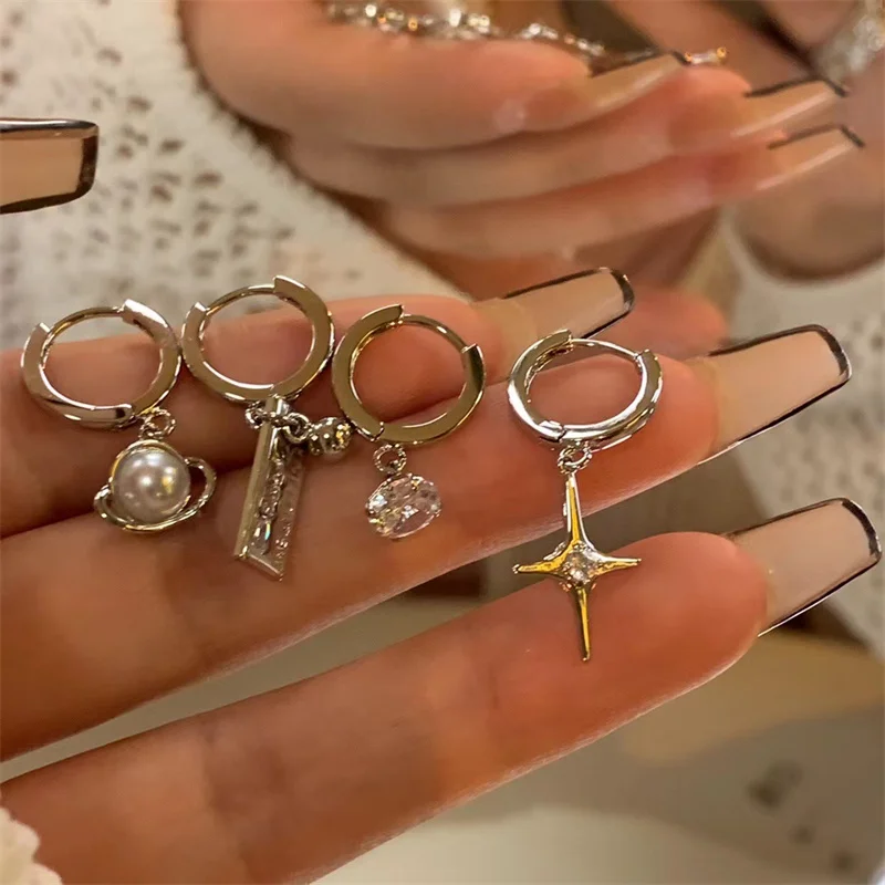 

2023New Fashion Asymmetric Sweet Cool Zircon Set Earrings For Women Girls Hip Hop Punk Personality Trend All-match Party Jewelry