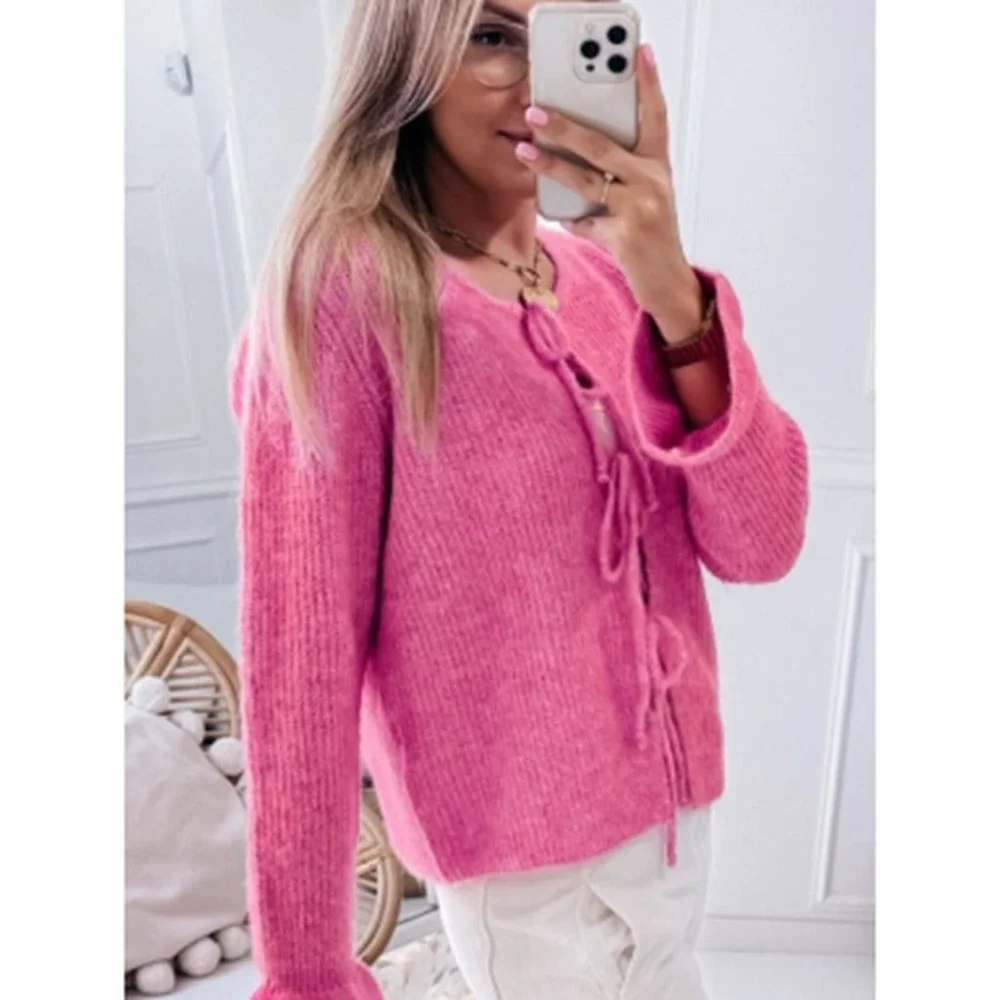 Combhasaki женский Y2K винтажный однотонный кардиган с бантом спереди и завязками