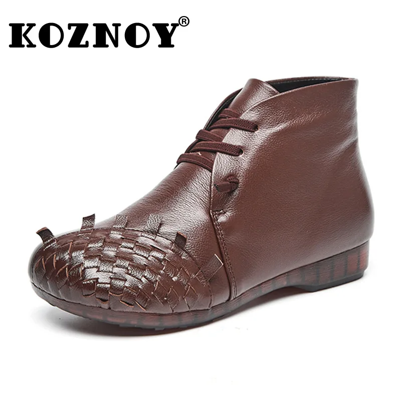 

Koznoy 2cm Retro Ethnic Checkered Weave Genuine Leather Mom Women Non Slip Lace Up Slip on Ankle Boots Plush Soft Soled Shoes