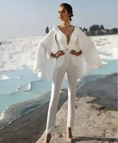 Jumpsuit Wedding Dresses V-neck cape Chiffon Appliques Boho Beach Backless Wedding Gown Bridal Dress pant suit Vestido De Noiva