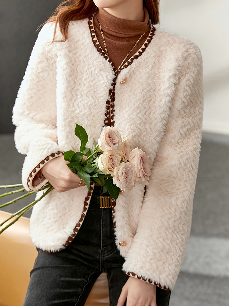 Vimly Short Fluffy Jacket Women 2022 Fashion Luxury Winter O Neck Warm Faux Fur Coat for Office Ladies Female Overcoat 50390