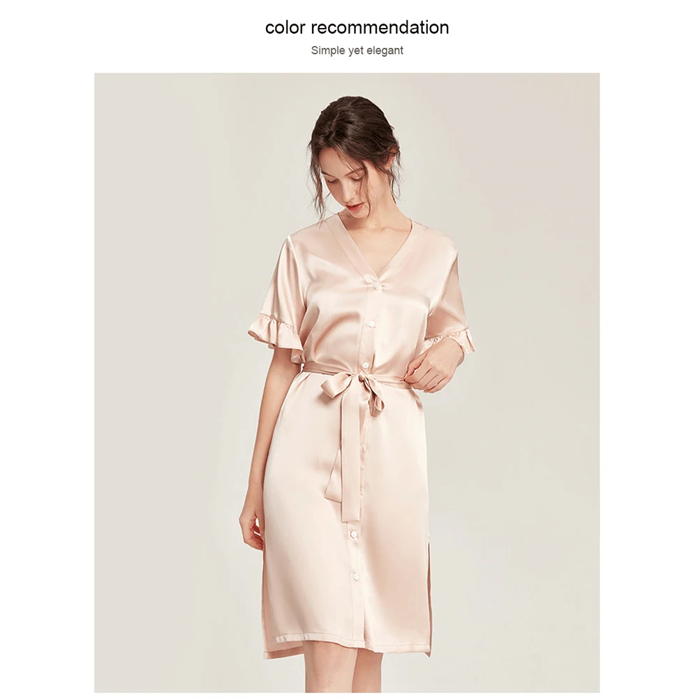LiliRoms Spring Noble 22 Momme 100% Silk Robe Tied Dress Nightgown Mid Sleeve Button Ribbon Femme Sleepwear Elegant Clothing