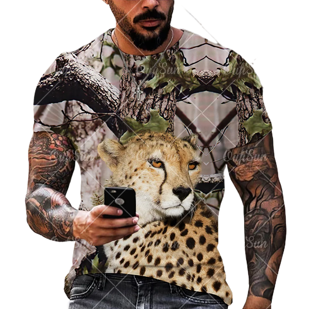 

Men's Loose Large T-shirt, Forest Camouflage Animal 3D Printed Shirt, Cheetah, Tiger, Lion, Urban Fashion Trend