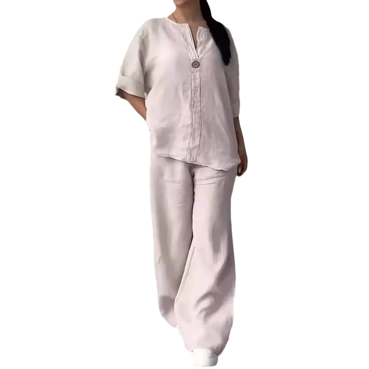 Рубашка из хлопка и льна с V-образным вырезом длинным рукавом