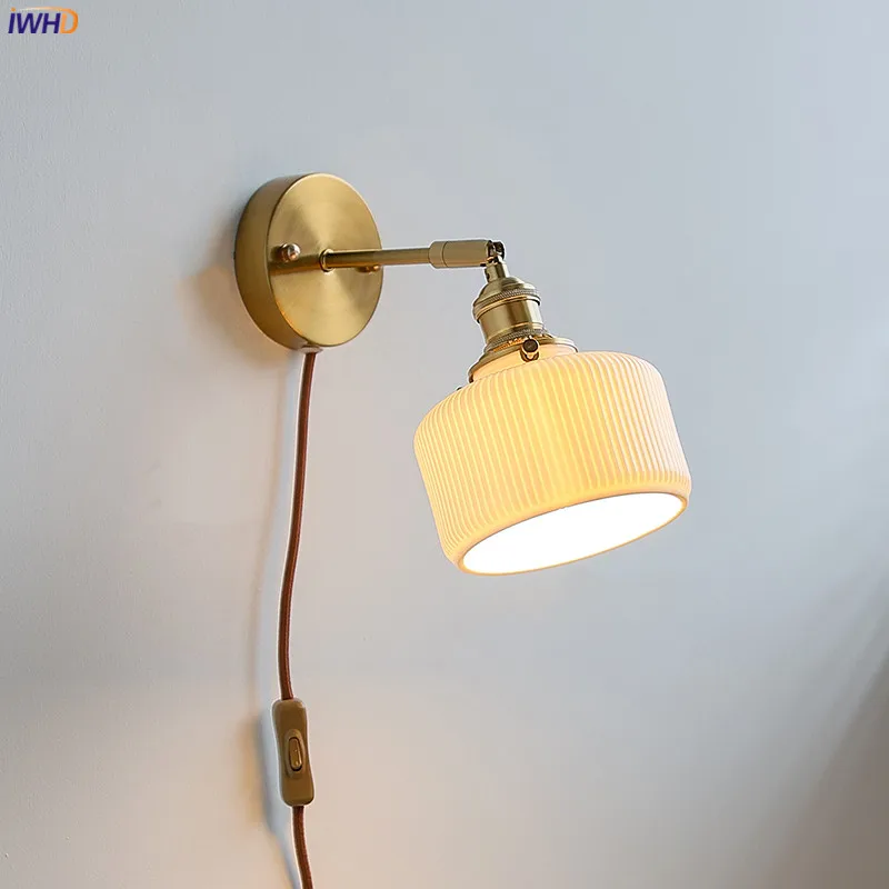 

IWHD Plug In Switch LED Wall Sconce Light Fixtures Ceramic Lampshade Iron Arm adjustable Living Room Beside Lamp Applique Murale